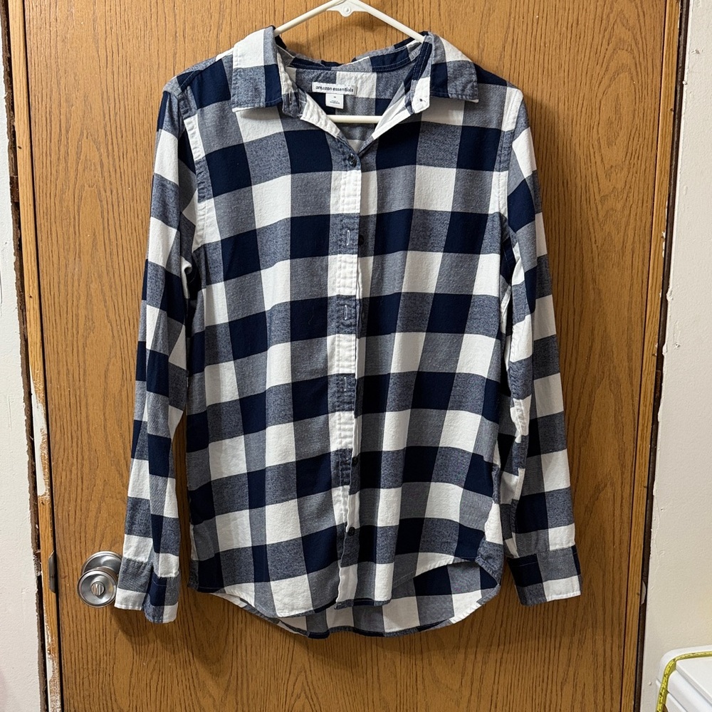 Navy and White Checkered Button-Up Shirt